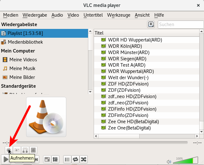 Aktivierung u. a. des Aufnahmebuttons im VLC-Player