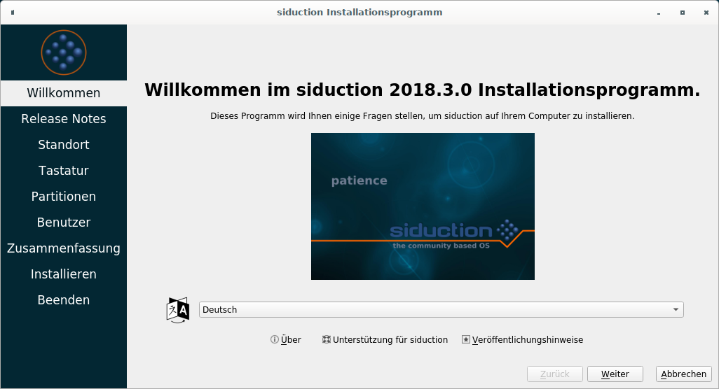 Siduction Installer Startbildschirm