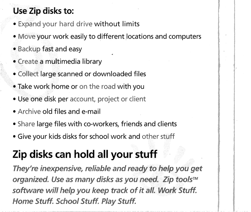 Scan der Einlage der Diskettenhülle mit den Features der ZIP-Disketten