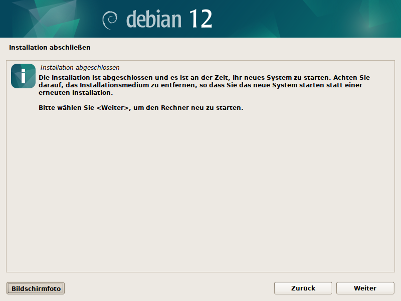 Debian Installer Neustart nach Abschluss
