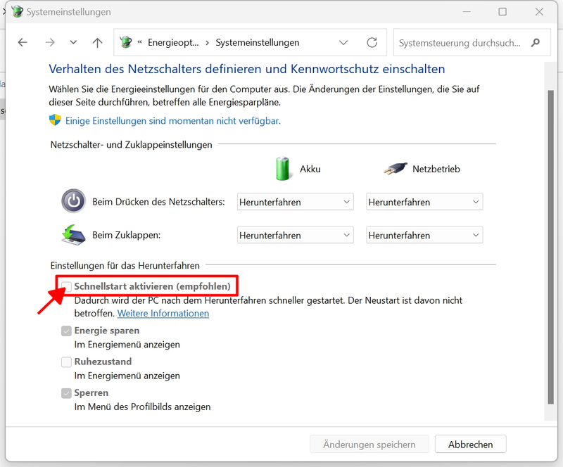 Windows Fast Boot (Schnellstart) ausschalten