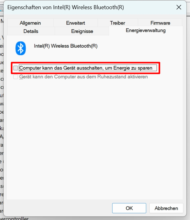 Win 11 Gerätemanager Bluetooth Energiesparen off