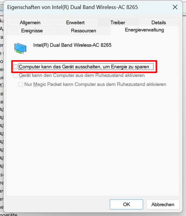 Win 11 Gerätemanager WIFI Energiesparen off