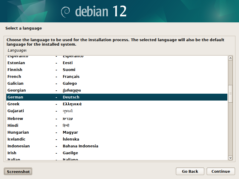 Debian Installer Sprachauswahl