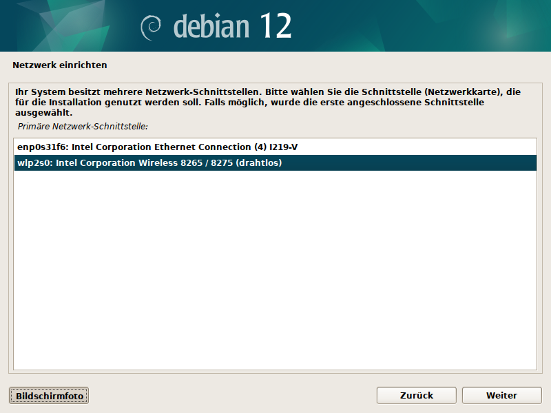 Debian Installer WLAN Auswahl