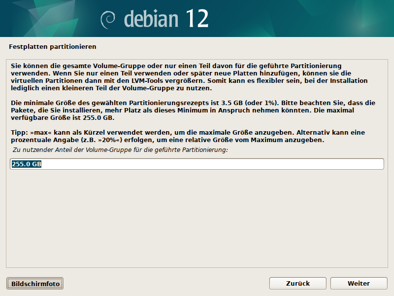 Partitionierung Debian Installer für LVM/LUKS
