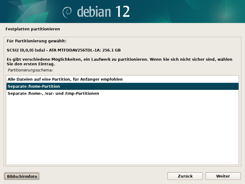 Partitionierung Debian Installer für LVM/LUKS