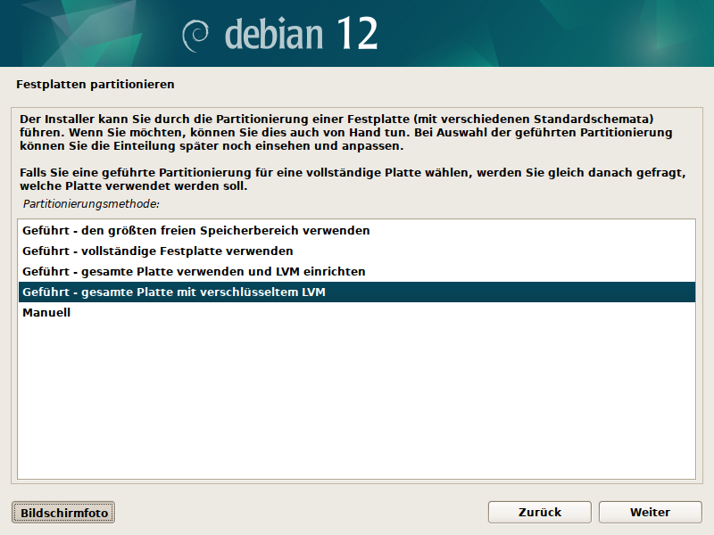 Partitionierung Debian Installer für LVM/LUKS