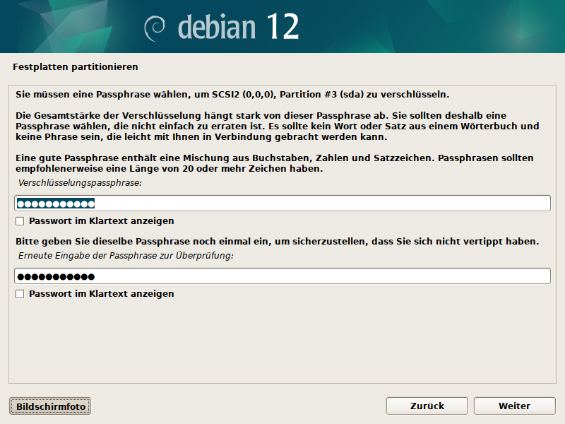 Partitionierung Debian Installer für LVM/LUKS