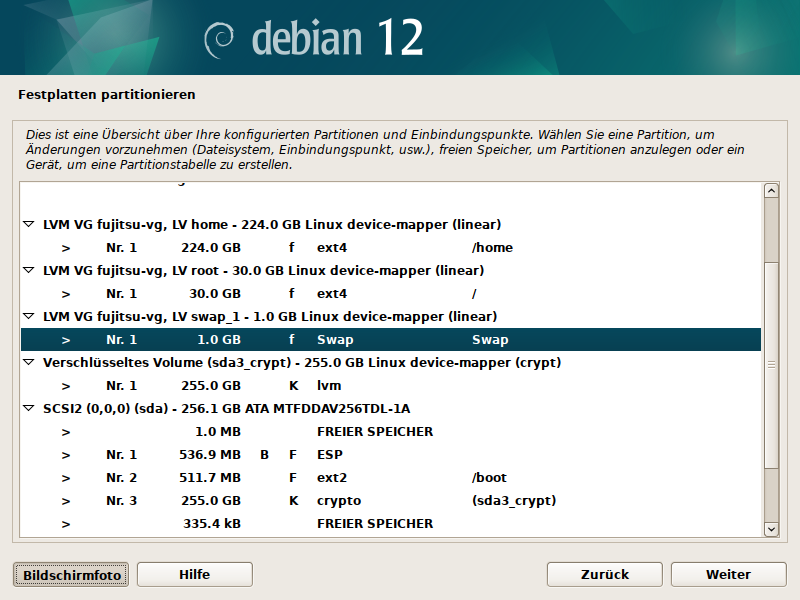 Partitionierung Debian Installer für LVM/LUKS